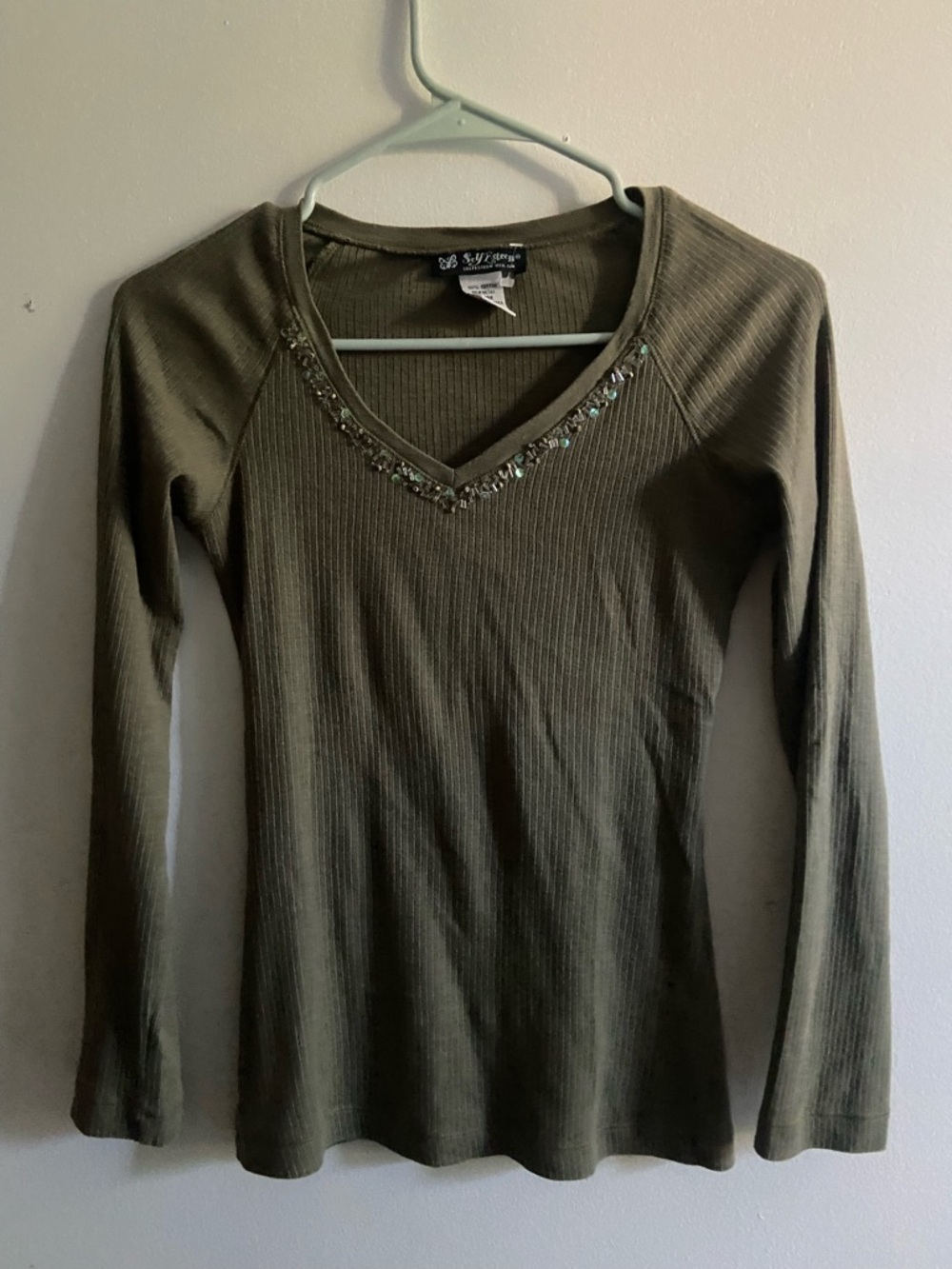 Early 2000s Y2K olive green embellished v neck top M